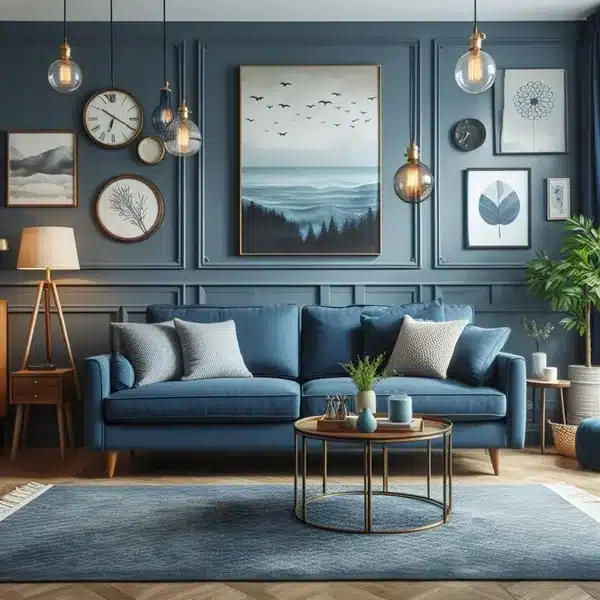 Navy blue sofa living room Consider Lighting
